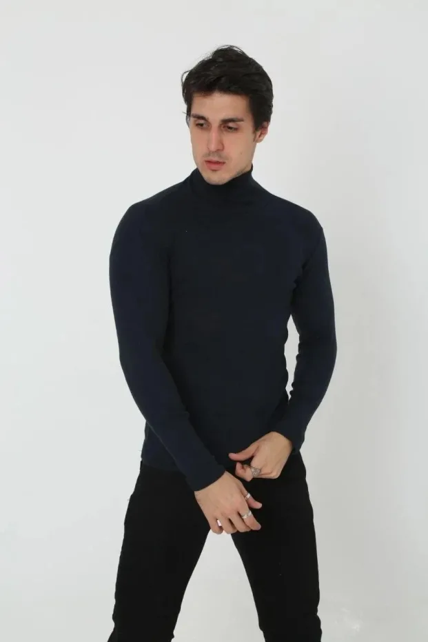 Férfi Fekete Slim Fit Likralı Bordázott Turtleneck Body 5