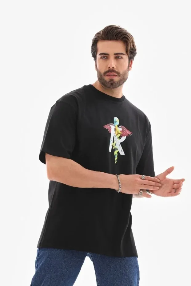 Men's Black Regular Bicycle Neck Printed T-Shirt 1