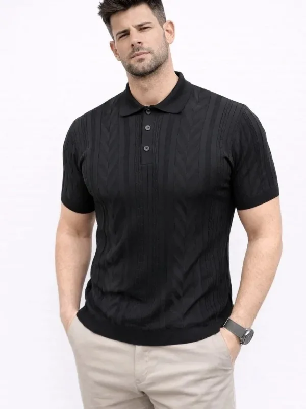 Man Black Short Sleeve Polo Collar Buttoned Knit T-Shirt 1