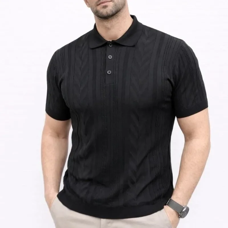 Man Black Short Sleeve Polo Collar Buttoned Knit T-Shirt
