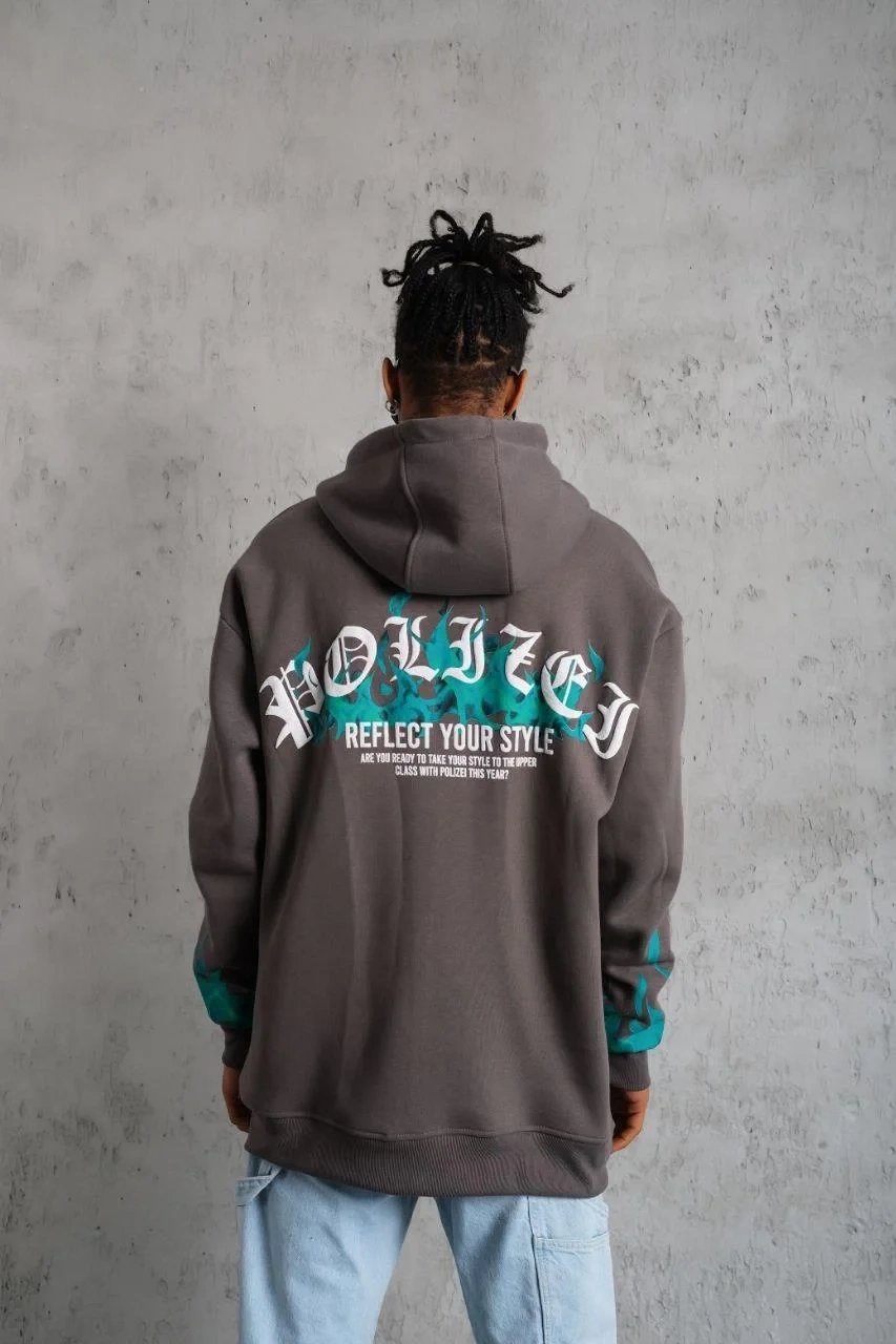 Bărbați Gri Flacără Imprimat 3 Fire Bumbac Capușon Sweatshirt 5