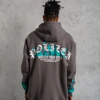 Men's Gray Flame Printed 3-Thread Cotton Hooded Sweatshirt 5
