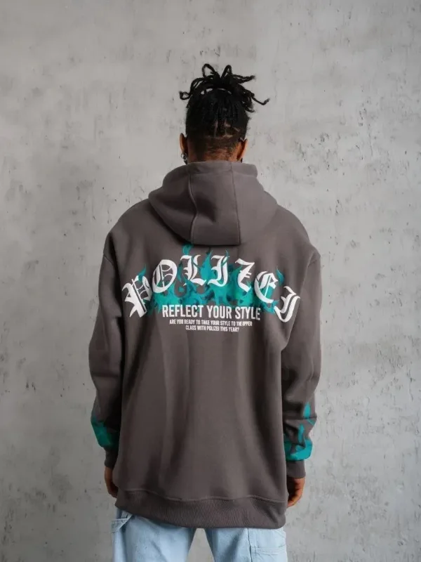 Men's Gray Flame Printed 3-Thread Cotton Hooded Sweatshirt 5