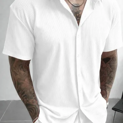 Bianco Oversize Cotone Costina Maschio Camicia 3
