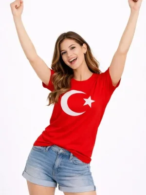 Qadın Qırmızı Velosiped Yaxalı Ay Ulduz Bayraq Çap Köynək