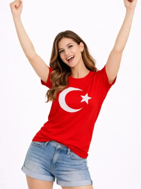 Qadın Qırmızı Velosiped Yaxalı Ay Ulduz Bayraq Çap Köynək 1