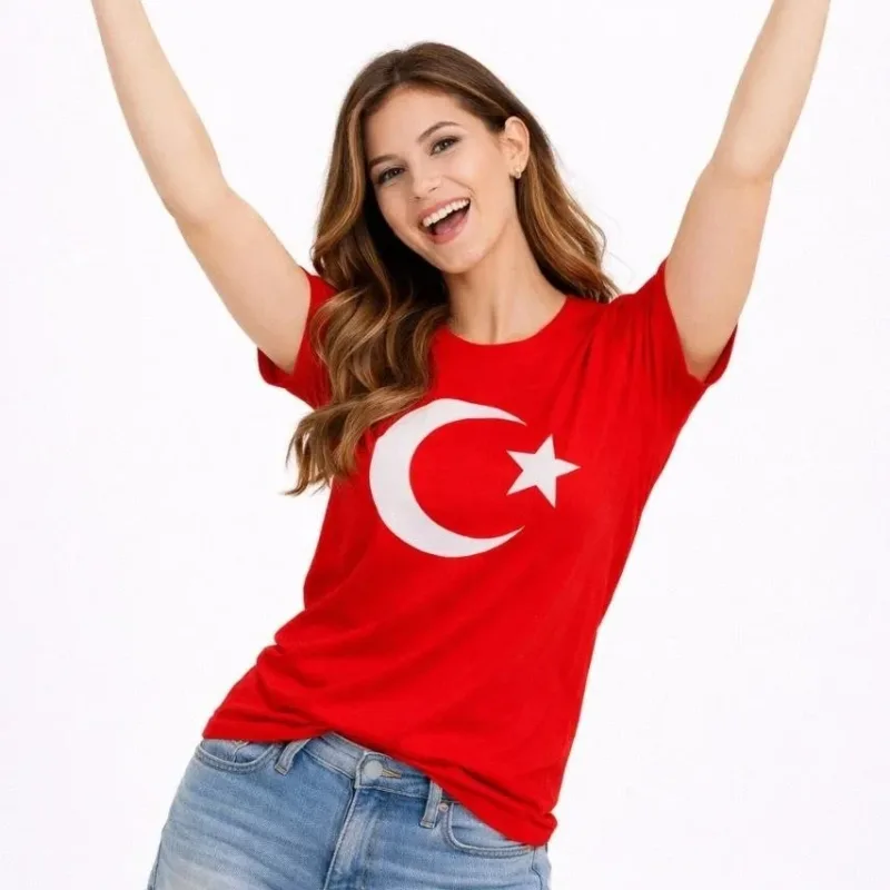 Qadın Qırmızı Velosiped Yaxalı Ay Ulduz Bayraq Çap Köynək