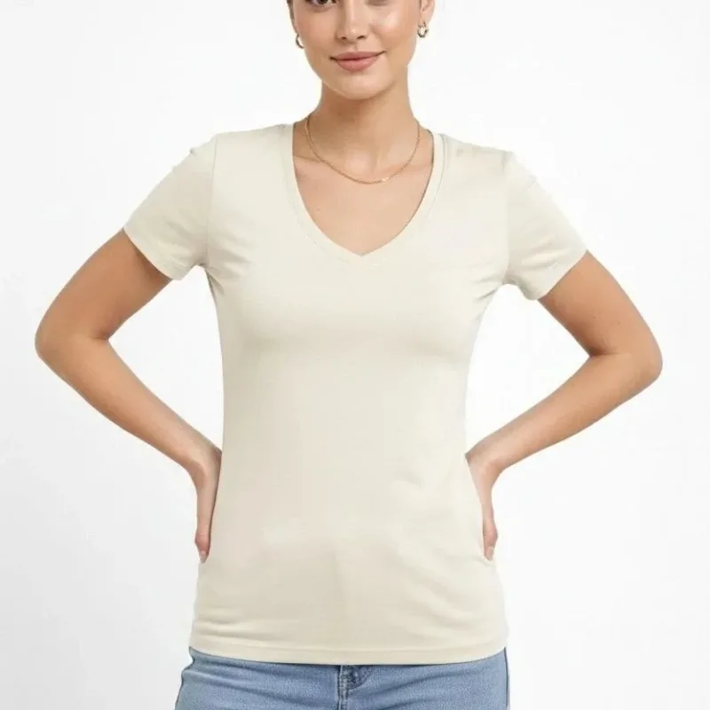 Női Kő Slim Fit Elasztános V-nyakú Basic Body Póló