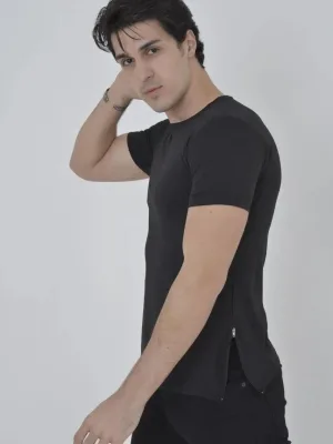 Tîşorta Mêran a Reş a Slim Fit Bi Zîpê Kêlekê Bisîklet Stû