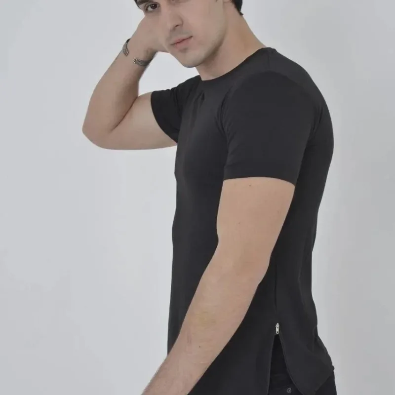 Men's Black Slim Fit Side Zipper Crew Neck T-Shirt