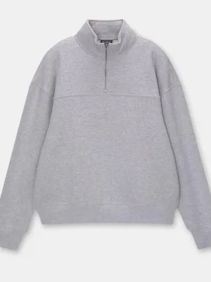 Kadın Gri Oversize Yarım Fermuarlı Pamuklu Basic Sweatshirt