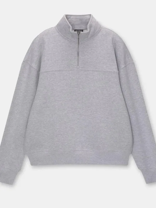 Ĵuvli Gri Oversize Jekh-Fermuarli Pamukli Basic Sweatshirt
