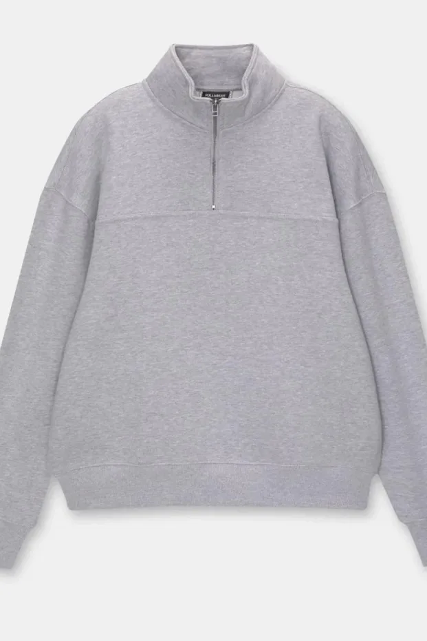 Γυναικείο Γκρι Oversize Βαμβακερό Basic Φούτερ με Μισό Φερμουάρ 1