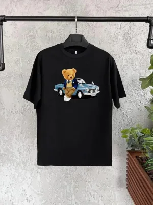 Dziecięcy czarny oversize z nadrukiem, kołnierz rowerowy T-shirt