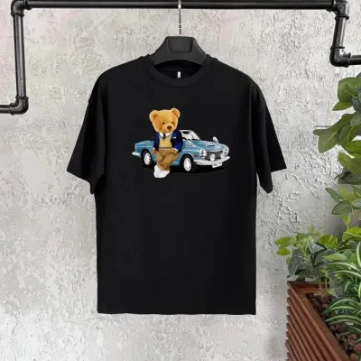 Dziecięcy czarny oversize z nadrukiem, kołnierz rowerowy T-shirt 1