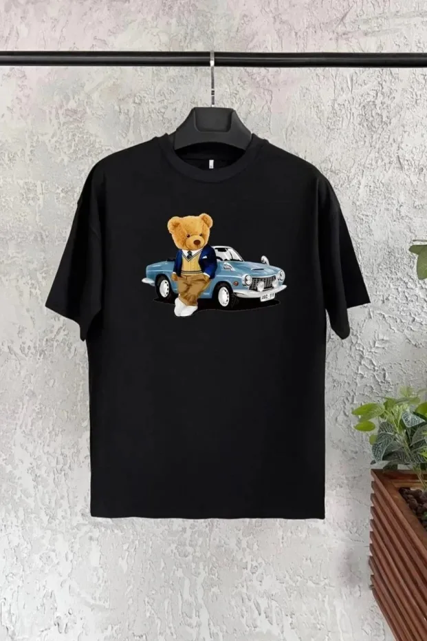 Dziecięcy czarny oversize z nadrukiem, kołnierz rowerowy T-shirt 1