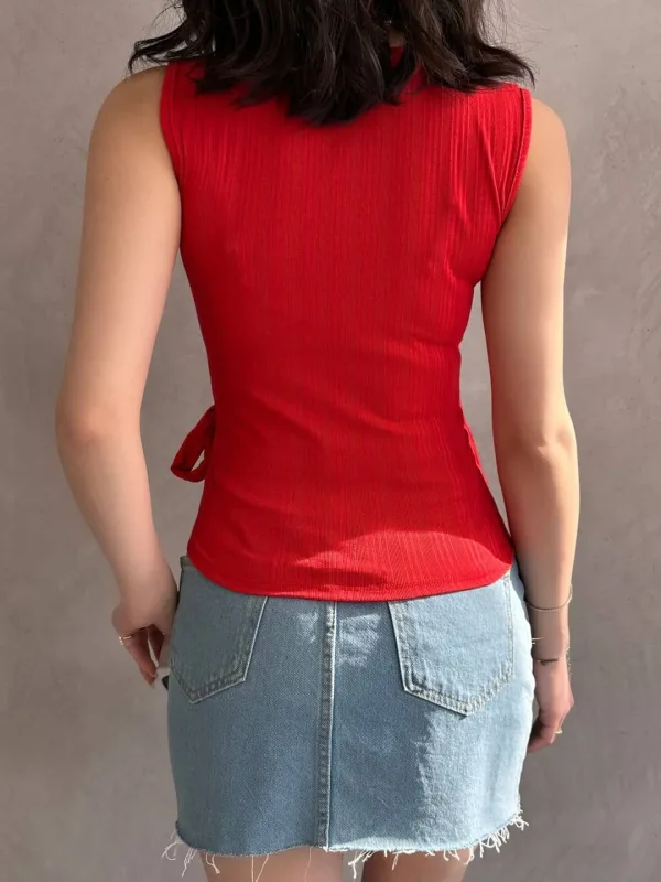 Strap Front Cross Tie Blouse Red 5