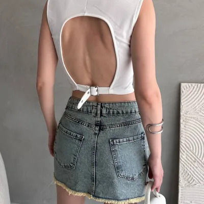 Hátul Öves Részletes Kasmír Crop Blúz Fehér 5