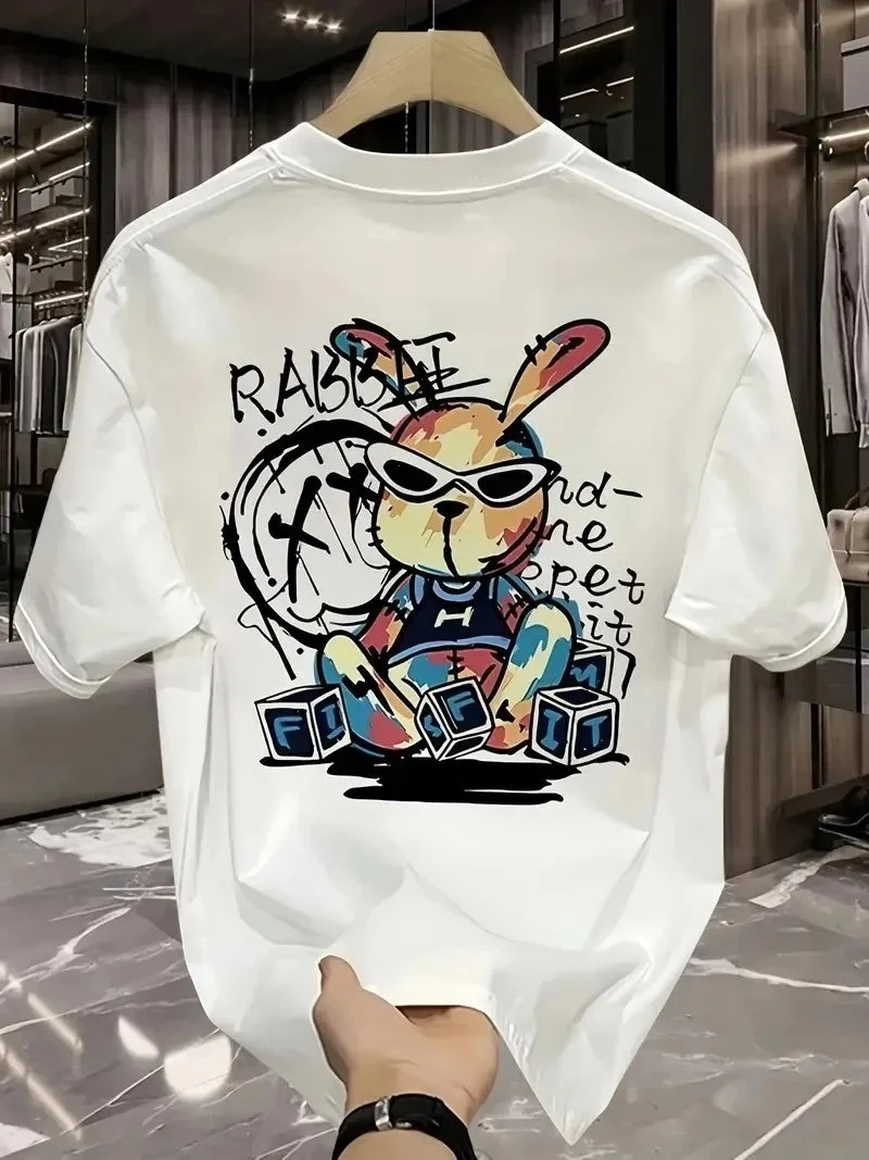 Pánské bílé oversized tričko s krátkým rukávem s králíčím potiskem