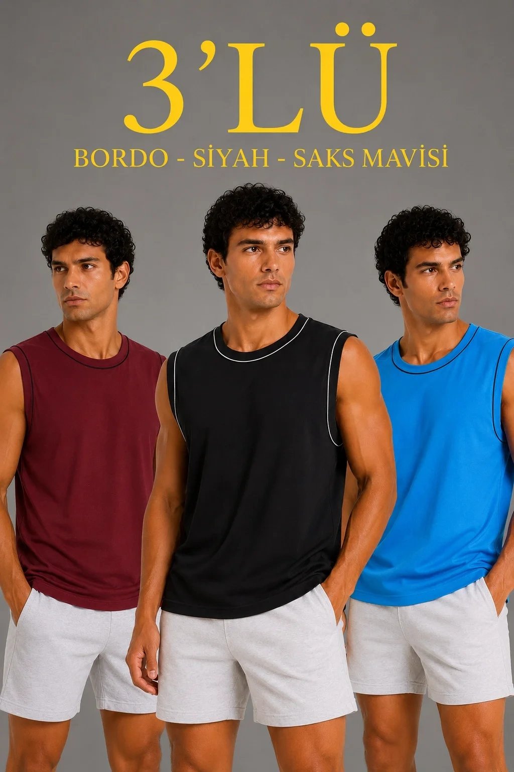 Erkek 3'lü Set Kolsuz Bisiklet Yaka Sporcu Atlet