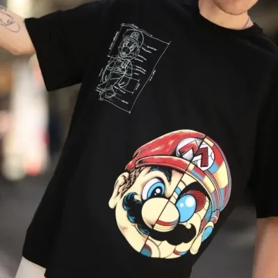 Tîşorta Reş a Oversize ya Bisîkletê ya Çapkirî ya Mario 3