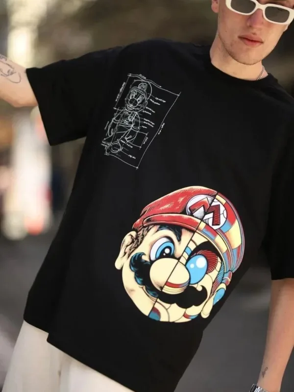 Tîşorta Reş a Oversize ya Bisîkletê ya Çapkirî ya Mario 3