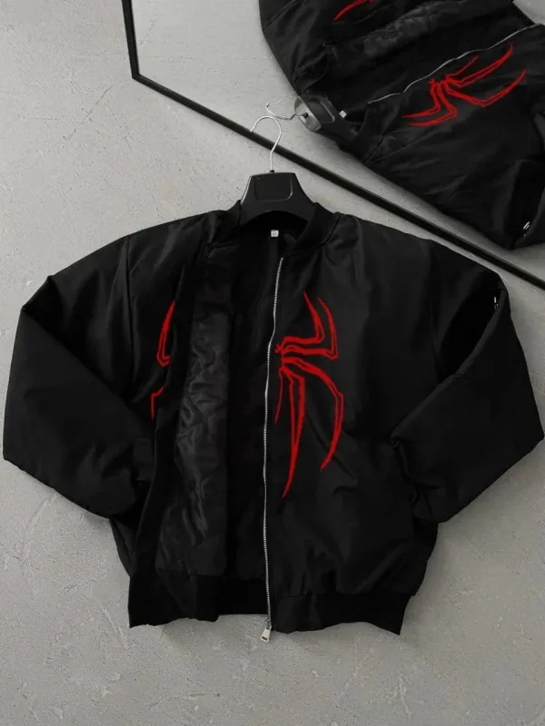 Men's Black Spider Pattern Zippered Pocket Bomber Jacket 2