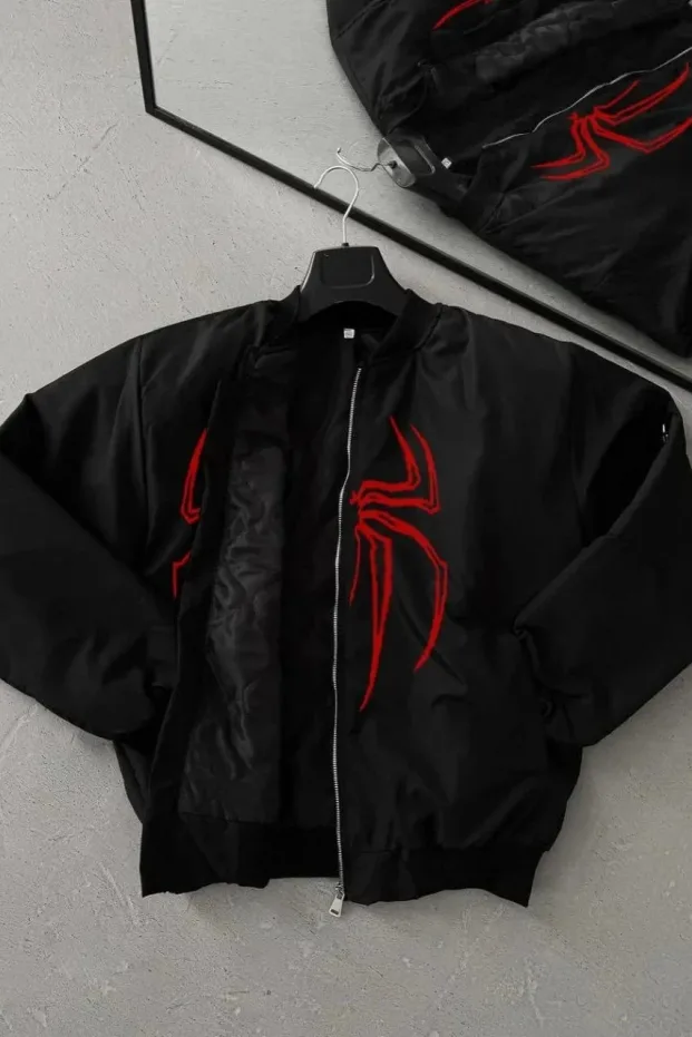 Pánská černá bunda bomber se vzorem pavouka, zipem, kapsami 2