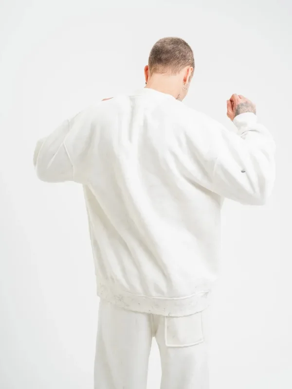 Men's White 3-Thread Cotton Washed Crew Neck Sweatshirt 4
