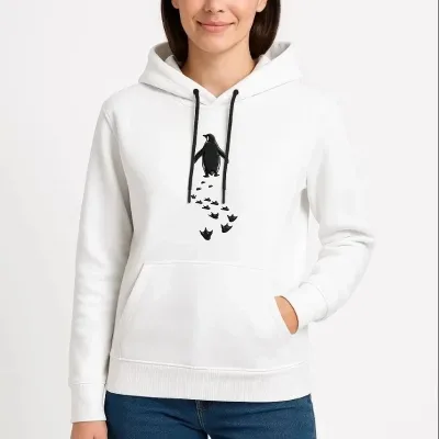 Women's White 3-Thread Cotton Hooded Penguin Print Sweatshirt 2