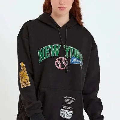 Women's Black Oversize Hooded Front Arm Printed 3-Thread Cotton Sweatshirt 1