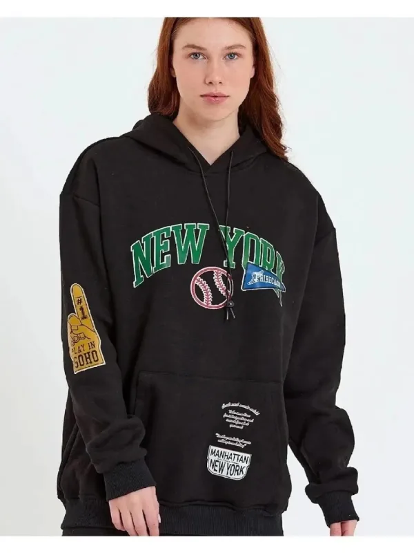 Women's Black Oversize Hooded Front Arm Printed 3-Thread Cotton Sweatshirt 1