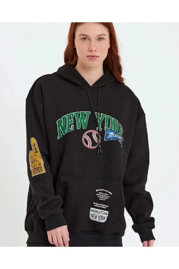 Gratë e Zeza Oversize Kapuç me Mëngë të Përparme të Shtypura 3 Fije Pambuku Sweatshirt 1