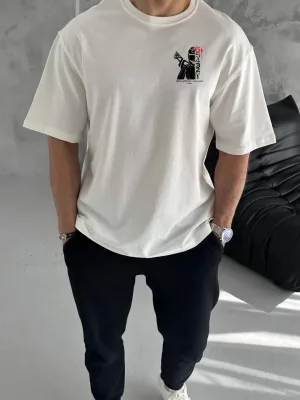 Bărbat Alb Oversize Guler Bicicletă Tricou Imprimat