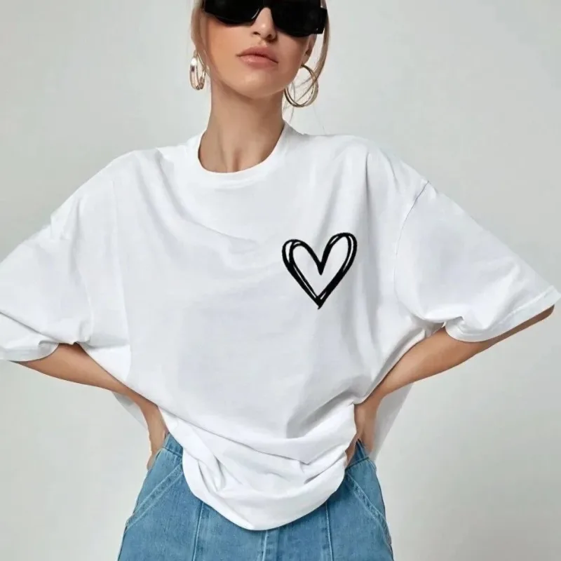 Women's White Oversize Crew Neck Heart Printed T-Shirt
