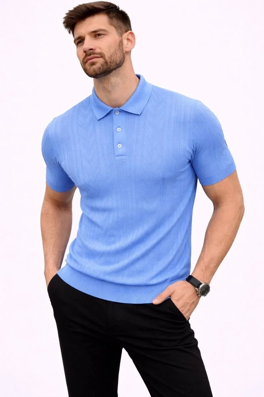 Men's Baby Blue Short Sleeve Polo Collar Buttoned Knit T-Shirt 2