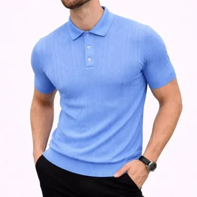 Męski Błękitny Krótki Rękaw Polo Z Guzikami Sweter 2