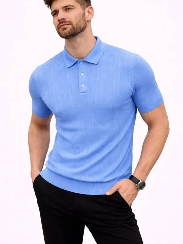 Męski Błękitny Krótki Rękaw Polo Z Guzikami Sweter 2