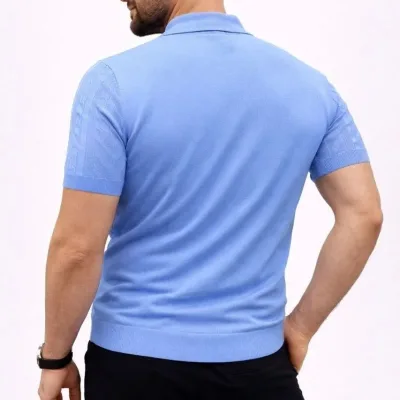 Męski Błękitny Krótki Rękaw Polo Z Guzikami Sweter 4