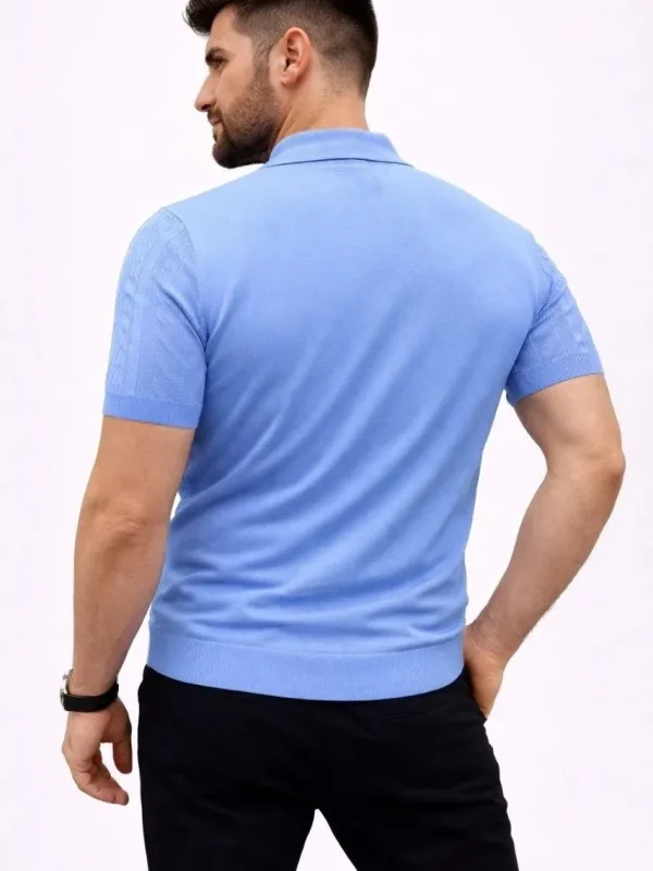 Męski Błękitny Krótki Rękaw Polo Z Guzikami Sweter 4