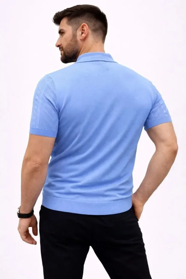 Męski Błękitny Krótki Rękaw Polo Z Guzikami Sweter 4