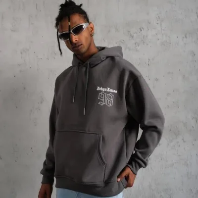 Pánské šedé oversized kapucové 3-nitní bavlněné potištěné mikiny s kapsou 2