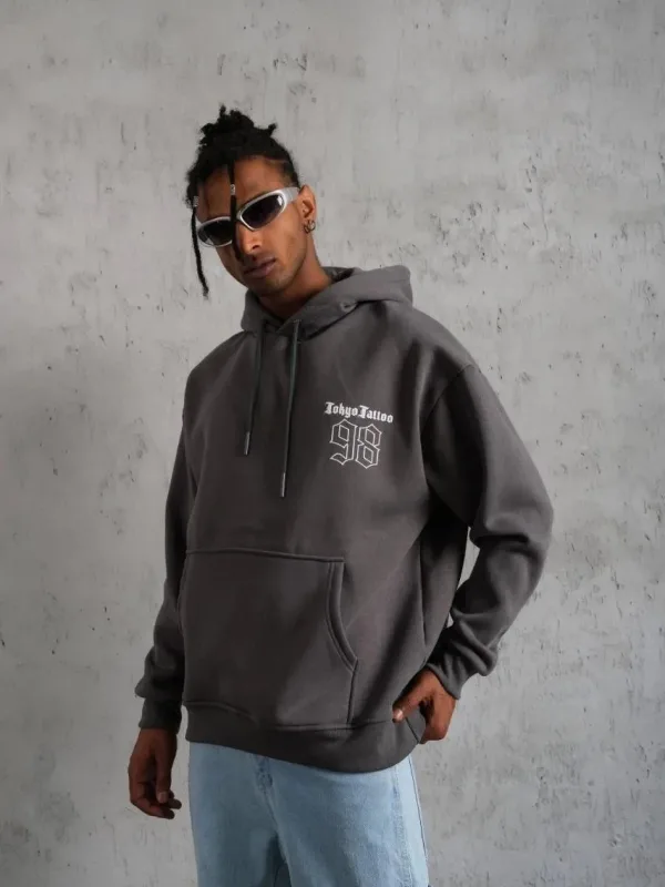 Pánské šedé oversized kapucové 3-nitní bavlněné potištěné mikiny s kapsou 2