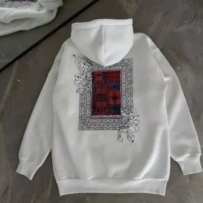 Jinê Spî 3 Têl Pembû Hoodî Bikapûşon Cêbê Kangurû Çapkirî Sweatshirt 3