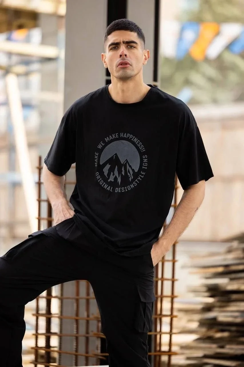 Kişi Qara Regular Bisiklet Yaka Baskılı T-shirt