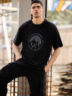 Kişi Qara Regular Bisiklet Yaka Baskılı T-shirt