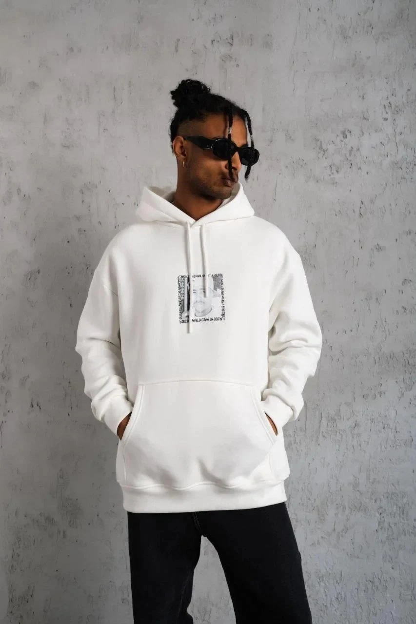 Erkek Beyaz Oversize 3 İplik Pamuklu Kapüşonlu Baskılı Sweatshirt