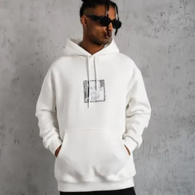 Męski biały oversize bawełniany sweter z nadrukiem, kapturem, 3-nitkowy 1