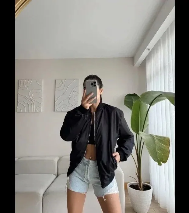 Kadın Siyah Oversize Fermuarlı Cepli Bomber Ceket 2
