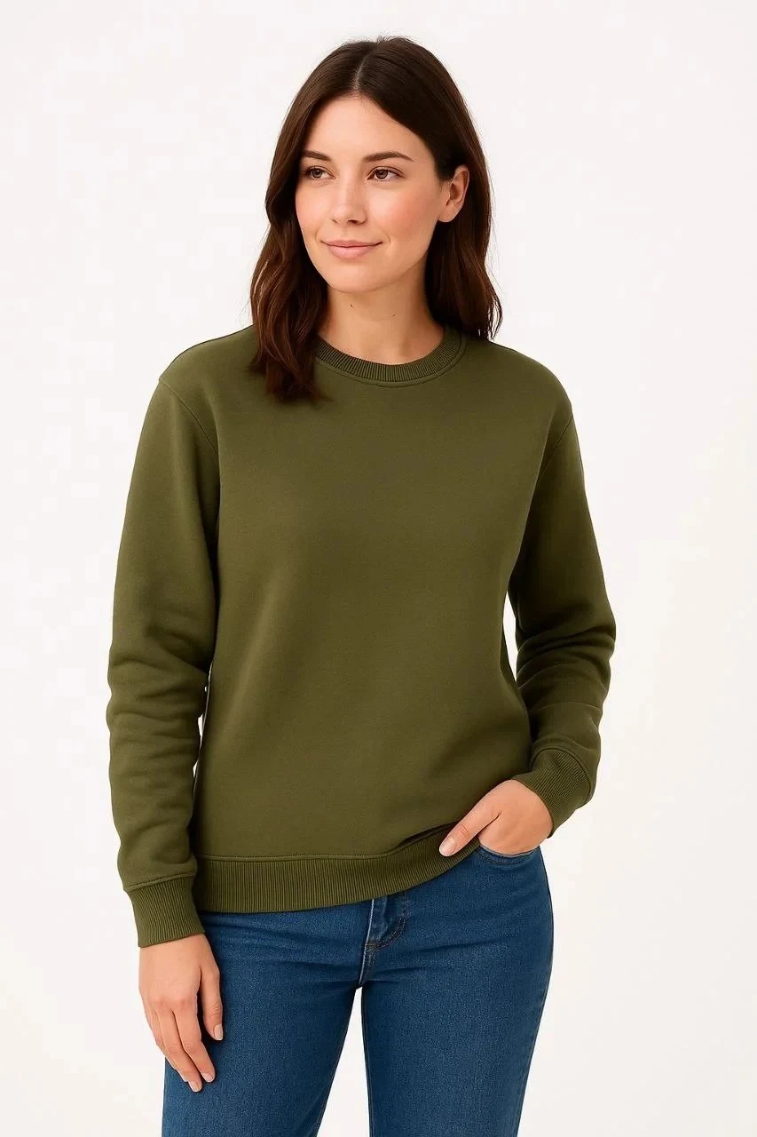 Women's Khaki 3-Thread Cotton Crew Neck Sweatshirt